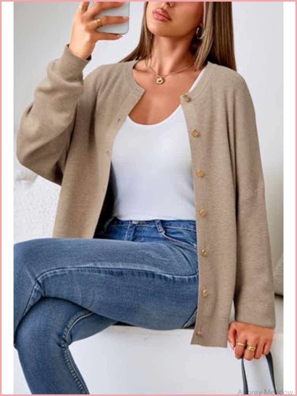 Wool Blend Gold Button Cardigan Ribbed Oversized - Picture 3 of 6
